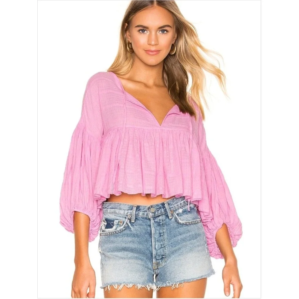 Free People Beaumont Mews Blouse Pink Size XS Balloon Sleeve Boho OB843137